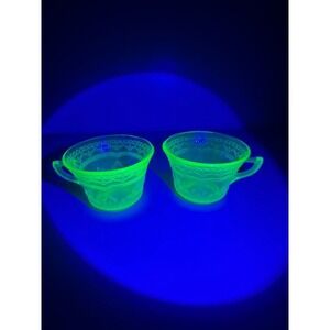 Vintage Federal Glass Uranium Tea Cups Set of Two Glowing Green Depression Glass